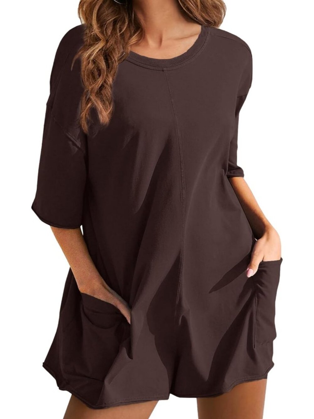 Women's Brown Casual Oversized Athletic Overall Workout Hot Shot Tee Romper